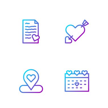 Takvimi kalp, konum, zarf sevgililer günü ve aşk ve okla ayarla. Renk simgeleri. Vektör.