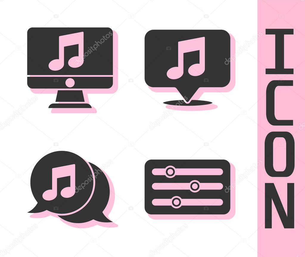 Set Sound mixer controller, Computer with music note, Musical note in speech bubble and Musical note in speech bubble icon. Vector.