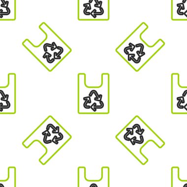 Geri dönüşüm simgesine sahip çizgi plastik torba beyaz arka planda izole edilmiş pürüzsüz desen. Geri dönüşüm sembollü çanta. Vektör İllüstrasyonu.