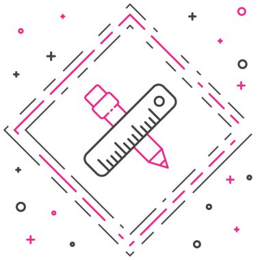 Çizgiyi aşan cetvel ve kalem simgesi beyaz arkaplanda izole edildi. Düz sembol. Çizim ve eğitim araçları. Renkli taslak konsepti. Vektör İllüstrasyonu.