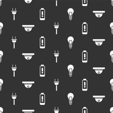Ampulü fikir, hareket sensörü, elektrik prizi ve pil şarj seviyesi göstergesini kusursuz desene ayarlayın. Vektör.