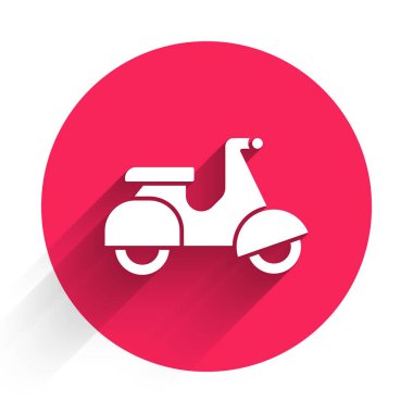 Beyaz Scooter teslimat ikonu uzun gölgeli izole edildi. Teslimat hizmeti konsepti. Kırmızı daire düğmesi. Vektör.