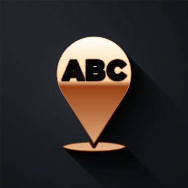 Siyah arkaplanda altın alfabe simgesi izole edildi. Uzun gölge tarzı. Vektör.