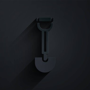 Siyah arka planda izole edilmiş asker ikonu için kağıt kesiği istihkamcı küreği. Kağıt sanatı tarzı. Vektör.