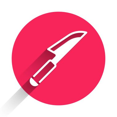 Beyaz Bıçak simgesi uzun gölgeli izole edilmiş. Çatal bıçak sembolü. Kırmızı daire düğmesi. Vektör.