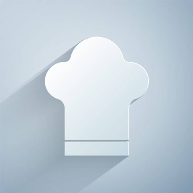 Kağıt kesiği Şef şapkası simgesi gri arkaplanda izole edilmiş. Aşçılık sembolü. Aşçı şapkası. Kağıt sanatı tarzı. Vektör.