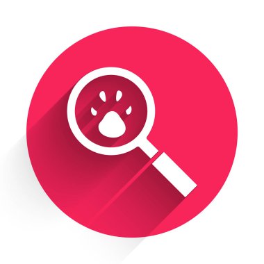 Beyaz Pençe arama simgesi uzun gölgeli izole edildi. Hayvan ayak izleri olan büyüteç. Kırmızı daire düğmesi. Vektör.