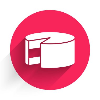 Beyaz Kek simgesi uzun gölgeli izole edilmiş. Doğum günün kutlu olsun. Kırmızı daire düğmesi. Vektör.