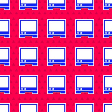 Mavi Ses yardımcı simgesi kırmızı arkaplanda izole edilmiş. Ses kontrol arayüzü akıllı hoparlör. Vektör.