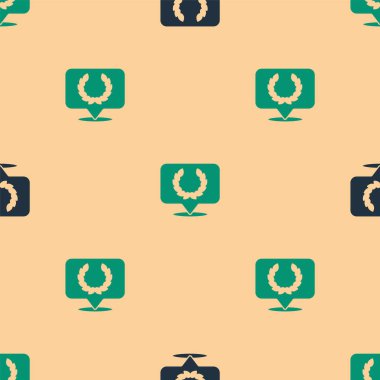 Yeşil ve siyah Laurel çelenk ikonu bej arka planda izole edilmiş kusursuz desen. Zafer sembolü. Vektör.