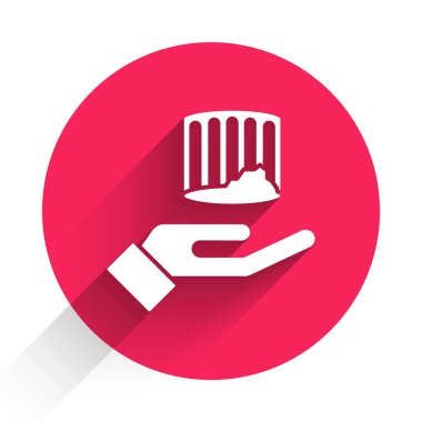 Beyaz Kadim sütun simgesi uzun gölgeli izole edilmiş. Kırmızı daire düğmesi. Vektör.