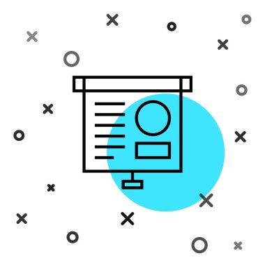 Grafik, çizelge, grafik, grafik, diyagram, bilgi, turta grafik simgesi içeren siyah çizgi sunum tahtası beyaz arkaplanda izole edildi. Rastgele dinamik şekiller. Vektör İllüstrasyonu.