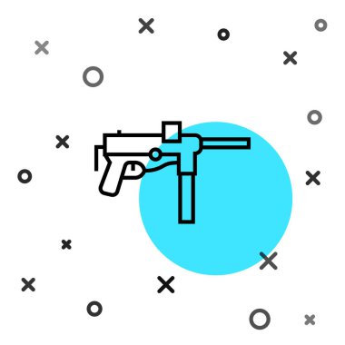 Siyah çizgi Alt makineli tüfek M3, Grease tabancası simgesi beyaz arkaplanda izole edilmiş. Rastgele dinamik şekiller. Vektör.