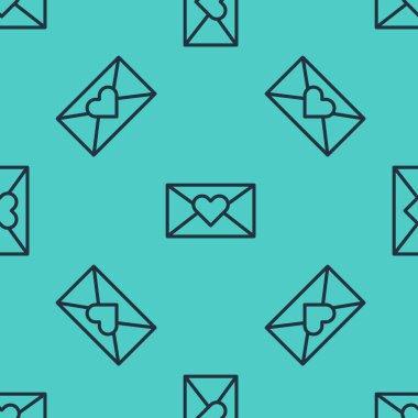 Sevgililer Günü ikonlu siyah çizgi Zarfı yeşil arka planda kusursuz desen izole etti. Mesaj aşkım. Aşk ve romantizm mektubu. Vektör.