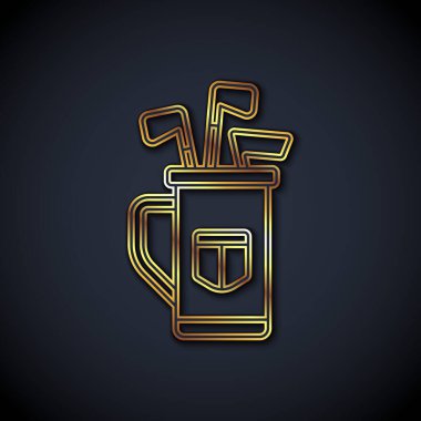 Siyah arka planda golf sopası simgesi olan altın çizgili golf çantası. Vektör.