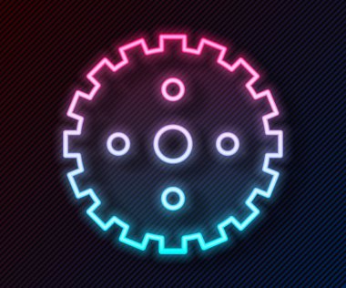 Parlayan neon çizgisi, siyah arkaplanda izole edilmiş bisiklet sprokrank ikonu. Vektör.