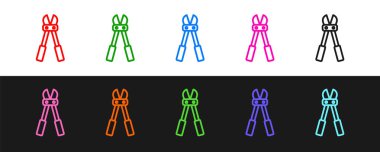 Cıvata kesme simgesini siyah ve beyaz arkaplanda ayır. Destek çubukları için makas. Vektör.