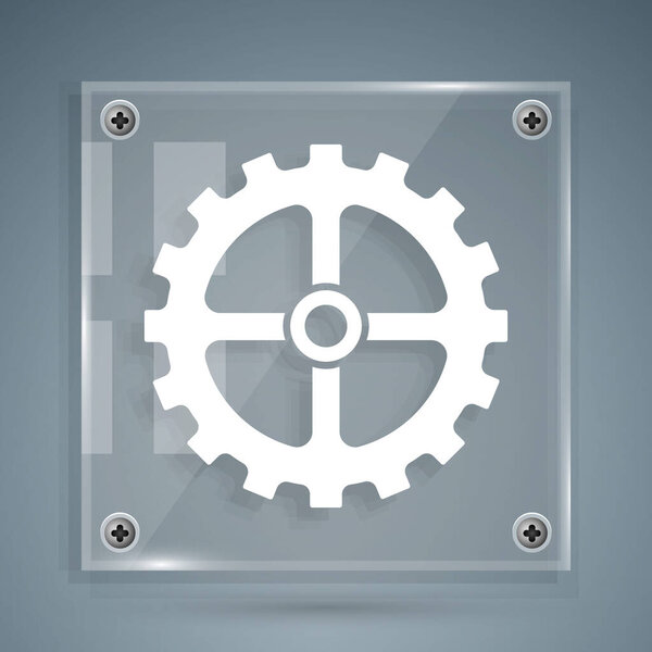 White Bicycle sprocket crank icon isolated on grey background. Square glass panels. Vector.