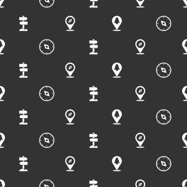 Ormanın konumunu, pusulayı, trafik işaretini ve pürüzsüz şablonu ayarlayın. Vektör.