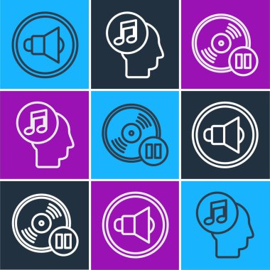 Hat hoparlörünün sesini, plak diskini ve müzik notasını insan kafasındaki simgeye ayarla. Vektör.