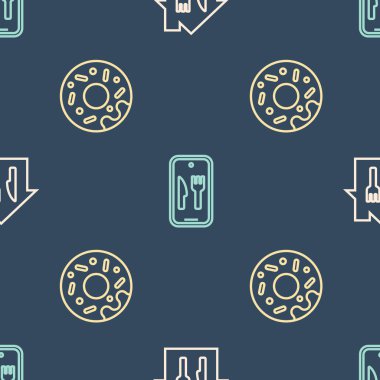 Çevrimiçi sipariş ve teslimatı ayarla, Donut ve kusursuz desen. Vektör.