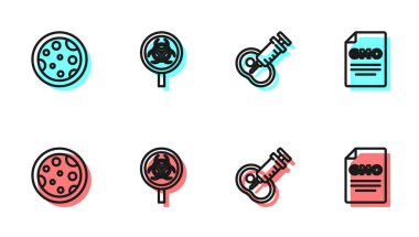 Genetik olarak modifiye edilmiş et, bakterili petri kabı, biyolojik tehlike ve büyüteç ve GDO simgesi. Vektör.