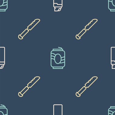 Çizgi çakısı, ekmek bıçağı ve soda kutusunu kusursuz desen üzerine ayarla. Vektör.