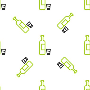 Çizgili viski şişesi ve cam ikon beyaz arka planda izole edilmiş pürüzsüz desen. Vektör İllüstrasyonu.