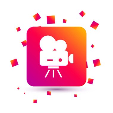 Beyaz Retro sinema kamera ikonu beyaz arkaplanda izole edildi. Video kamera. Film tabelası. Film projektörü. Kare renk düğmesi. Vektör İllüstrasyonu.