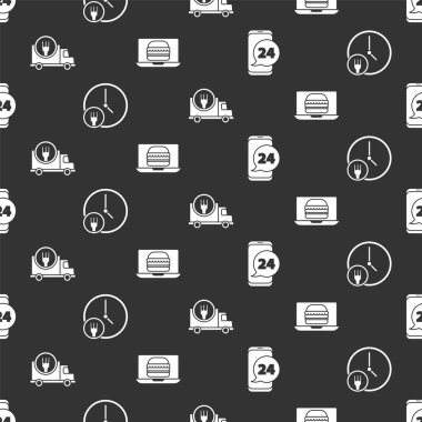 Yemek siparişi ver, 24 saat teslimat yap, arabayla hızlı teslimat yap ve çevrimiçi kusursuz bir şekilde hamburger sipariş et. Vektör.