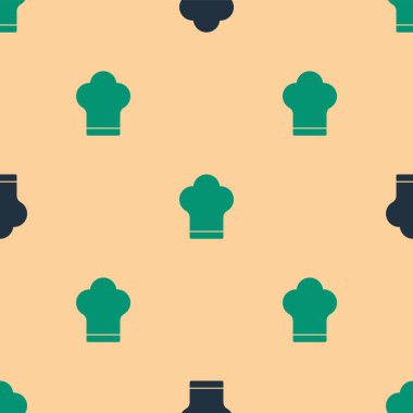 Yeşil ve siyah aşçı şapkası ikonu bej arka planda kusursuz desen izole etti. Aşçılık sembolü. Aşçı şapkası. Vektör İllüstrasyonu.