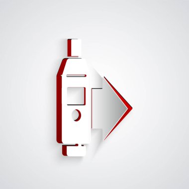 Tıbbi muayene ikonu için kağıt kesilmiş dijital termometre gri arka planda izole edilmiş. Kağıt sanatı tarzı. Vektör.