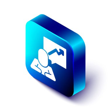 Beyaz arka planda izole edilmiş bir yönetici ikon ekibinin Isometric Lideri. Mavi kare düğme. Vektör.