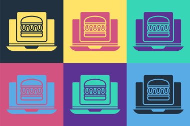 Pop Art Online sipariş ve hamburger dağıtım ikonu renkli arka planda izole edildi. Vektör.