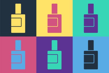 Çamaşır deterjanı, çamaşır suyu, bulaşık deterjanı ya da renkli arka planda izole edilmiş başka bir temizlik malzemesi ikonu için pop sanat şişesi. Vektör.