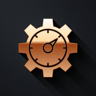 Gold Web Analitik Bilgi ve Geliştirme web sitesi istatistik simgesi siyah arkaplanda izole edildi. Analiz, yönetim, pazarlama, araştırma. Uzun gölge tarzı. Vektör.