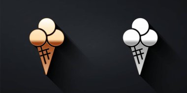 Siyah arka planda izole edilmiş Waffle Cone ikonunda altın ve gümüş dondurma. Güzel sembol. Uzun gölge tarzı. Vektör.