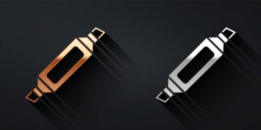 Siyah arkaplanda altın ve gümüş renkli kalem simgesi var. Uzun gölge tarzı. Vektör.