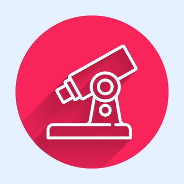 Beyaz çizgi mikroskop ikonu uzun gölgeli izole edilmiş. Kimya, ilaç aleti, mikrobiyoloji büyütme aracı. Kırmızı daire düğmesi. Vektör.