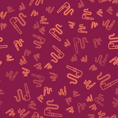 Kahverengi çizgi Amerikan yerlisi sigara içen pipo ikonu kırmızı arka planda izole edilmiş pürüzsüz desen. Vektör.