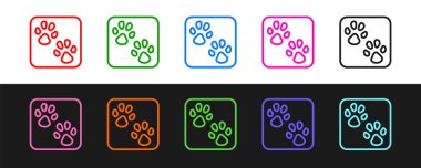 Çizgi Paw yazdırma simgesini siyah beyaz arkaplanda izole et. Köpek ya da kedi pençesi izi. Hayvan izleri. Vektör.