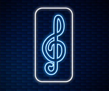 Parlayan neon hattı Treble anahtar simgesi tuğla duvar arka planında izole edildi. Vektör.