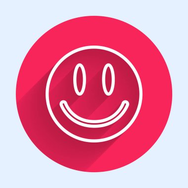 Beyaz çizgili, uzun gölgeli, gülen yüz ikonu. Gülümseyen ifade. Mutlu gülümseme sohbet sembolleri. Kırmızı daire düğmesi. Vektör.