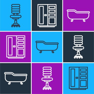 Ofis koltuğu, küvet ve gardırop ikonu. Vektör.