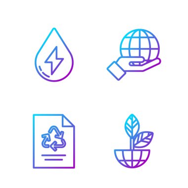 Dünya küresi ve bitki, geri dönüşümlü kağıt, su enerjisi ve Dünya 'yı tutan el küresi. Renk simgeleri. Vektör.