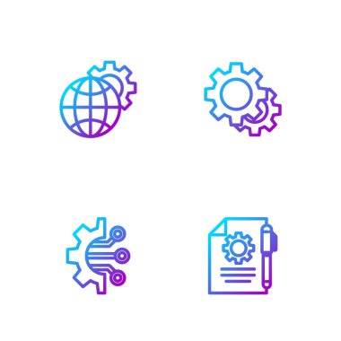 Doküman ayarlarını ve kalemi, Algoritmayı, Dünya 'nın Küresi ekipmanlarını ve Gear' ı ayarla. Renk simgeleri. Vektör.