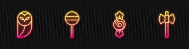 Sıra Candy, Baykuş, Lolipop ve Tahta Balta 'da. Parlayan neon ikonu. Vektör.