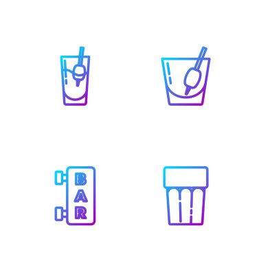 Camları suyla kaplayın, sokak tabelası barı, Kokteyl Bloody Mary ve. Renk simgeleri. Vektör.