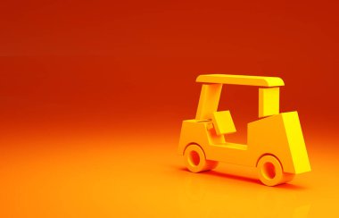 Sarı Golf arabası ikonu turuncu arka planda izole edildi. Golf arabası. Minimalizm kavramı. 3d illüstrasyon 3B canlandırma.