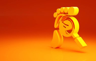 Sarı büyüteç, turuncu arka planda izole edilmiş ayak izi simgesi. Dedektif araştırıyor. Ayak izlerini takip etmek için. Minimalizm kavramı. 3d illüstrasyon 3B canlandırma.